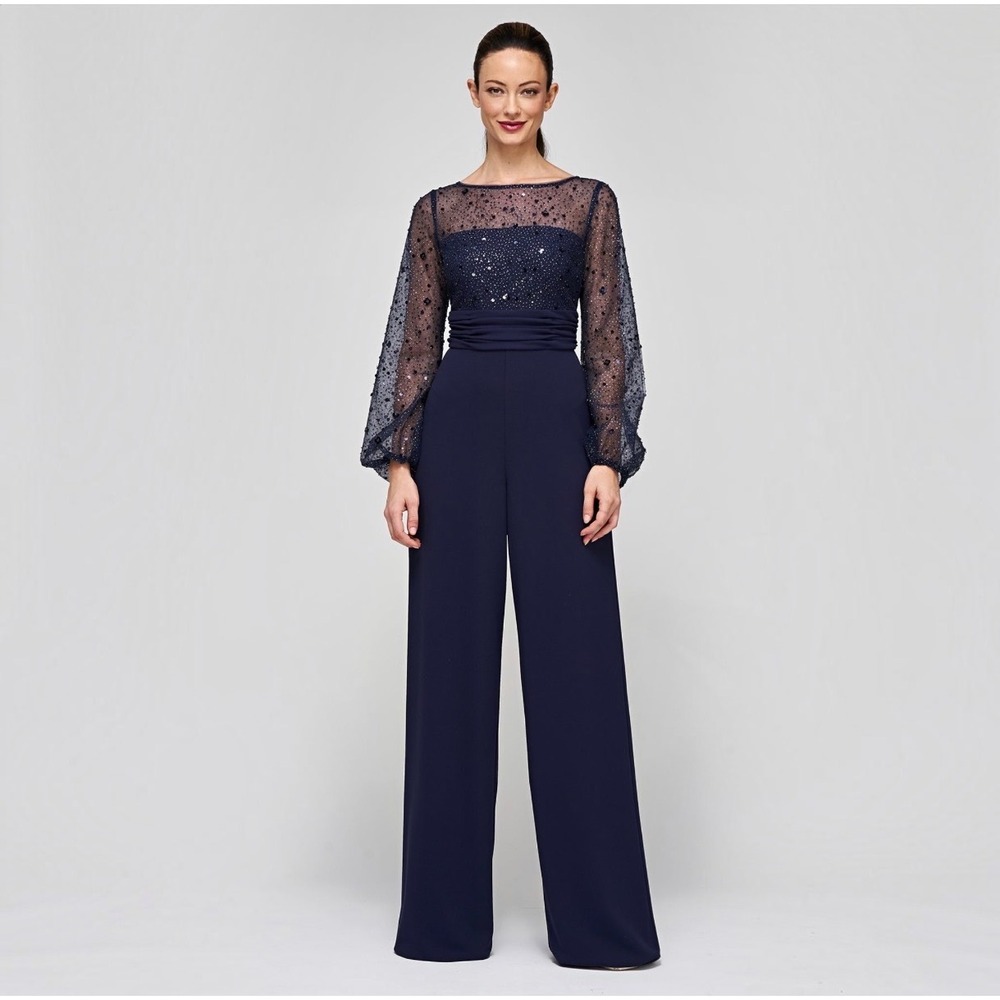 NEW JS COLLECTIONS Raelynn Beaded Wide-Leg Jumpsuit Navy Size 16
